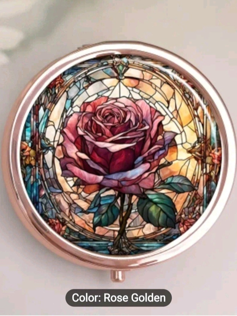 Vintage Rose Stained-Glass Look Rose Gold Personal Pill Box W/3 Compartments.